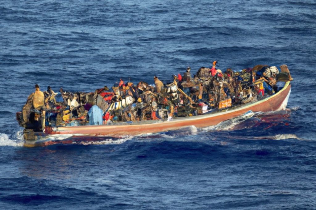 AI image of refugees in an overcrowded boat.