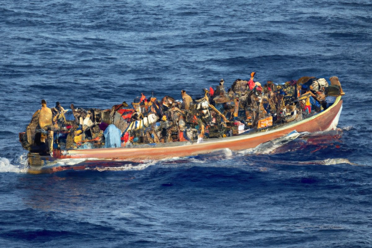 AI image of refugees in an overcrowded boat