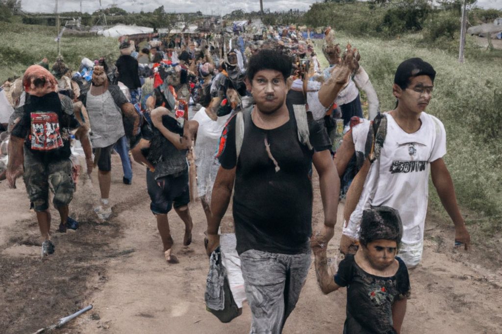 AI simulation of refugee seekers marching through Central America.